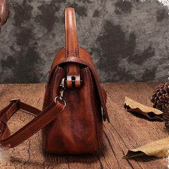 Vintage Womens Brown Leather Small Handbag Shoulder Bag Dome Satchel Purse Bag for Ladies