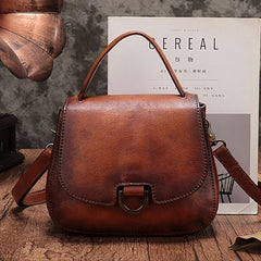 Vintage Womens Brown Leather Small Handbag Shoulder Bag Dome Satchel Purse Bag for Ladies
