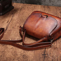 Vintage Womens Brown Leather Small Handbag Shoulder Bag Dome Satchel Purse Bag for Ladies