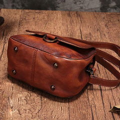 Vintage Womens Brown Leather Small Handbag Shoulder Bag Dome Satchel Purse Bag for Ladies