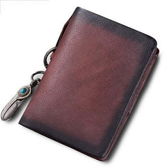 Coffee Mens SMall Leather Biker Chain Wallet billfold Wallet Small Bifold Wallet for Men