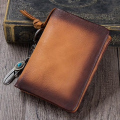 Coffee Mens SMall Leather Biker Chain Wallet billfold Wallet Small Bifold Wallet for Men