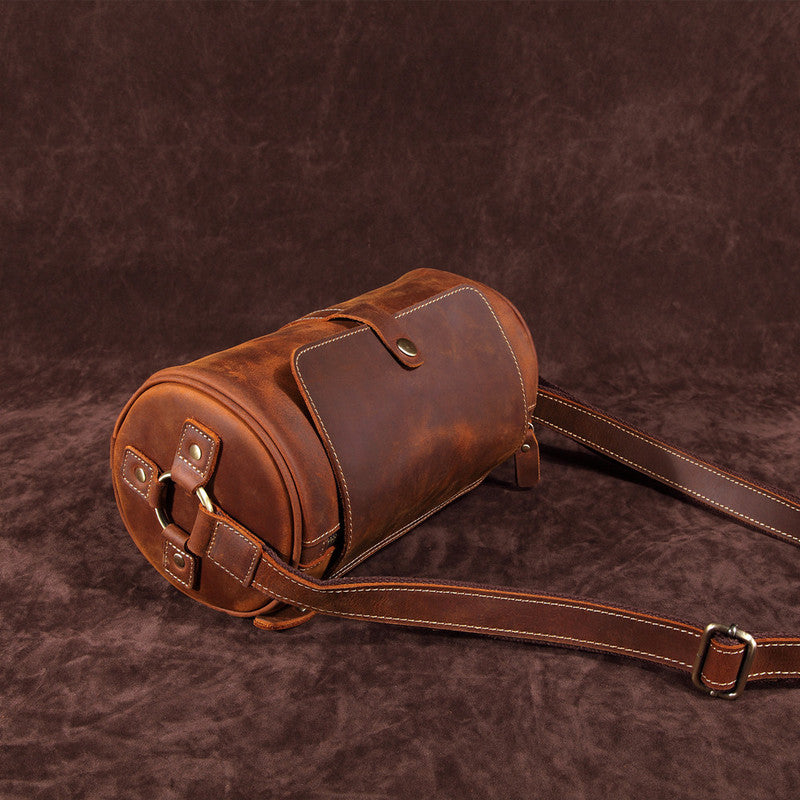 Vintage Leather Small Barrel Messenger Bag Shoulder Bag For Men