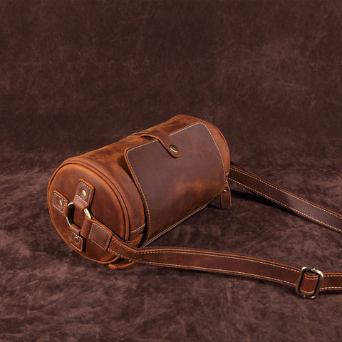 Vintage Leather Small Barrel Messenger Bag Shoulder Bag For Men