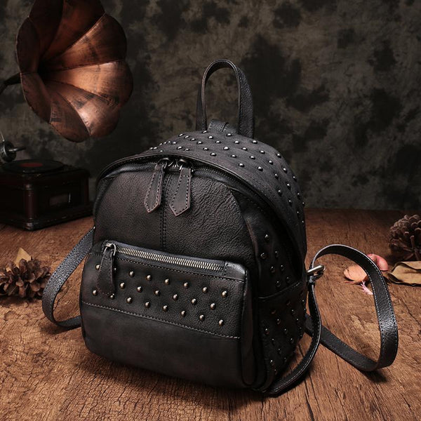 Brown Vintage Leather Womens Backpacks Small Black Leather Backpack for Ladies DD83991092