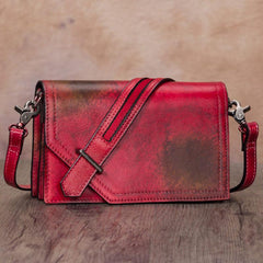 Leather Vintage Red Womens Side Bag Square Flap Over Satchel Shoulder Bag Crossbody Bag Purse for Ladies