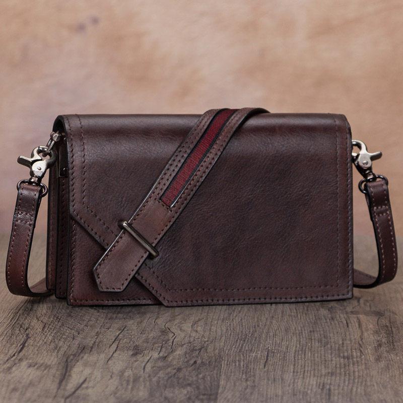 Leather Vintage Coffee Womens Side Bag Square Flap Over Satchel Shoulder Bag Crossbody Bag Purse for Ladies