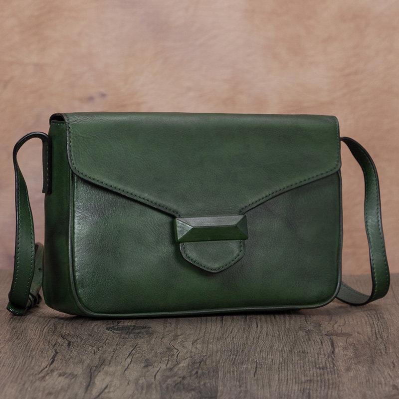 Green Vintage Ladies Leather Small Satchel Shoulder Bag Purse Brown Side Bag for Women