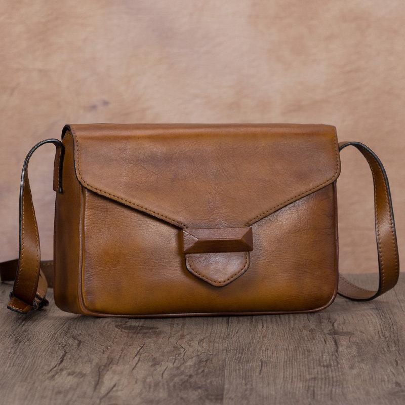 Brown Vintage Ladies Leather Small Satchel Shoulder Bag Purse Green Side Bag for Women