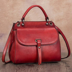 Vintage Red Ladies Leather Square Satchel Handbag Purse Brown SHoulder Bag Side Bag for WOmen