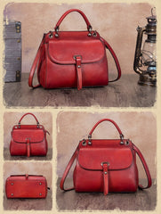 Brown Vintage Ladies Leather Square Satchel Handbag Purse Red SHoulder Bag Side Bag for WOmen