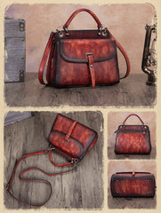 Red Vintage Ladies Leather Square Satchel Handbag Purse Brown SHoulder Bag Side Bag for WOmen