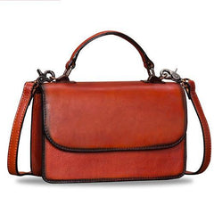 Red Vintage Womens Leather Square Satchel Handbag Brown Shoulder Bag Purse for Ladies