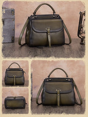 Green Vintage Ladies Leather Square Satchel Handbag Purse Brown SHoulder Bag Side Bag for WOmen
