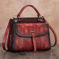 Brown Vintage Ladies Leather Square Satchel Handbag Purse Red SHoulder Bag Side Bag for WOmen