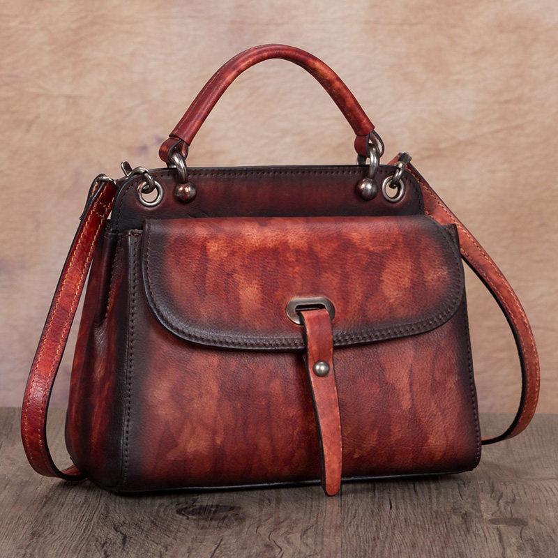 Red Vintage Ladies Leather Square Satchel Handbag Purse Brown SHoulder Bag Side Bag for WOmen