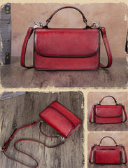 Red Vintage Womens Leather Square Satchel Handbag Brown Shoulder Bag Purse for Ladies