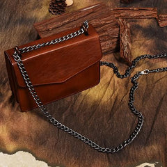 Black Vintage Leather Womens Chain Shoulder Bag Brown Side Bag Cross body Purse for Ladies