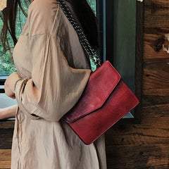 Red Vintage Leather Womens Chain Shoulder Bag Brown Side Bag Cross body Purse for Ladies