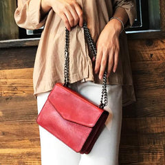 Red Vintage Leather Womens Chain Shoulder Bag Brown Side Bag Cross body Purse for Ladies