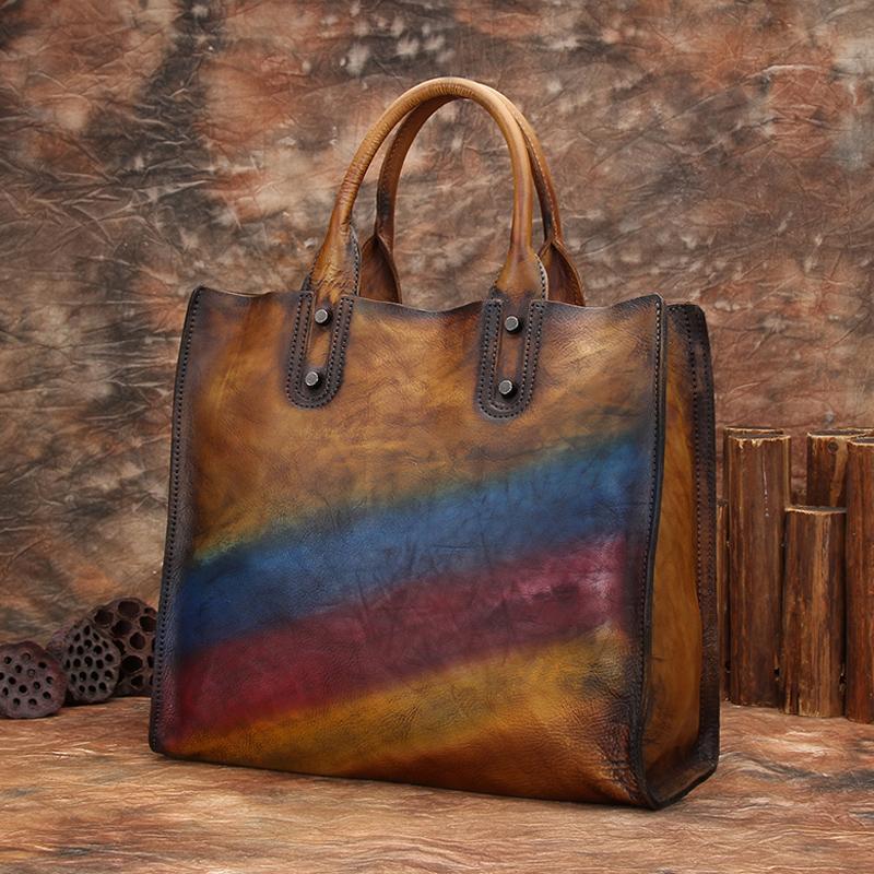 Vintage Womens Tan Leather Handbags Shopper Handbag Women's Tote Shoulder Purse