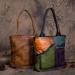 Vintage Womens Color Block Leather Tote Women Shopping Bag Purse Handbags Shoulder Bags