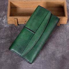 Green Vintage Womens Leather Trifold Long Wallet Purse CLutch Phone Wallet for Ladies