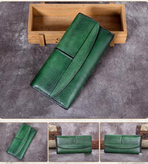 Blue Vintage Womens Leather Trifold Brown Long Wallet Purse Green CLutch Phone Wallet for Ladies