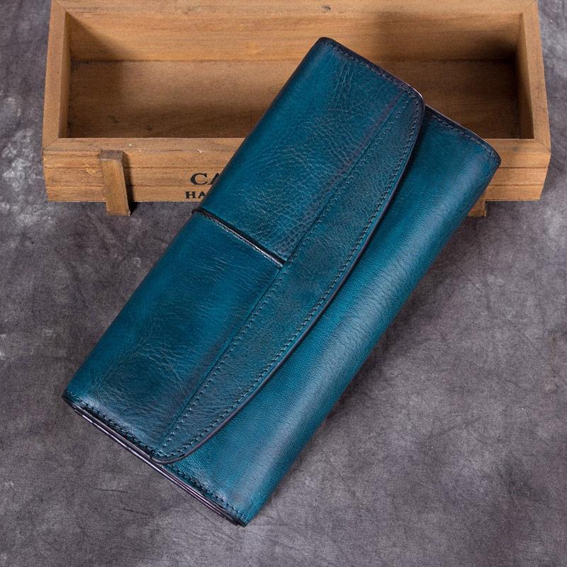Blue Vintage Womens Leather Trifold Brown Long Wallet Purse Green CLutch Phone Wallet for Ladies