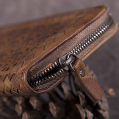 Vintage Womens Black Leather Long Wallet Clutch Brown Zipper Long Woven Wallet Purses for Ladies