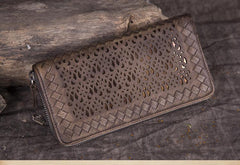 Vintage Womens Black Leather Long Wallet Clutch Brown Zipper Long Woven Wallet Purses for Ladies