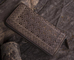 Vintage Womens Black Leather Long Wallet Clutch Brown Zipper Long Woven Wallet Purses for Ladies