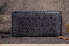 Vintage Womens Black Leather Long Wallet Clutch Brown Zipper Long Woven Wallet Purses for Ladies