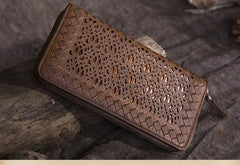 Vintage Womens Black Leather Long Wallet Clutch Brown Zipper Long Woven Wallet Purses for Ladies