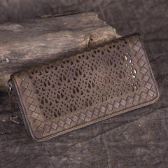 Vintage Womens Black Leather Long Wallet Clutch Brown Zipper Long Woven Wallet Purses for Ladies