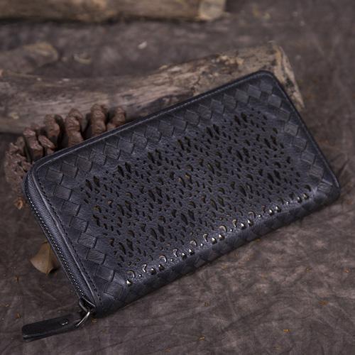 Vintage Womens Black Leather Long Wallet Clutch Brown Zipper Long Woven Wallet Purses for Ladies
