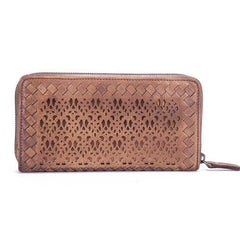 Vintage Womens Black Leather Long Wallet Clutch Brown Zipper Long Woven Wallet Purses for Ladies