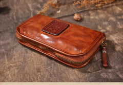 Vintage Mens Brown Leather Zipper Long Wallet Black Long Phone Clutch Wallet for Men