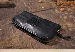 Vintage Mens Brown Leather Zipper Long Wallet Black Long Phone Clutch Wallet for Men