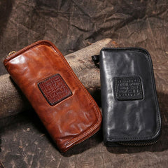 Vintage Mens Brown Leather Zipper Long Wallet Black Long Phone Clutch Wallet for Men