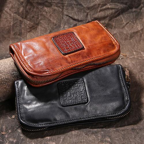 Vintage Mens Brown Leather Zipper Long Wallet Black Long Phone Clutch Wallet for DD82351106
