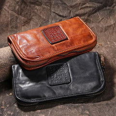 Vintage Mens Brown Leather Zipper Long Wallet Black Long Phone Clutch Wallet for Men