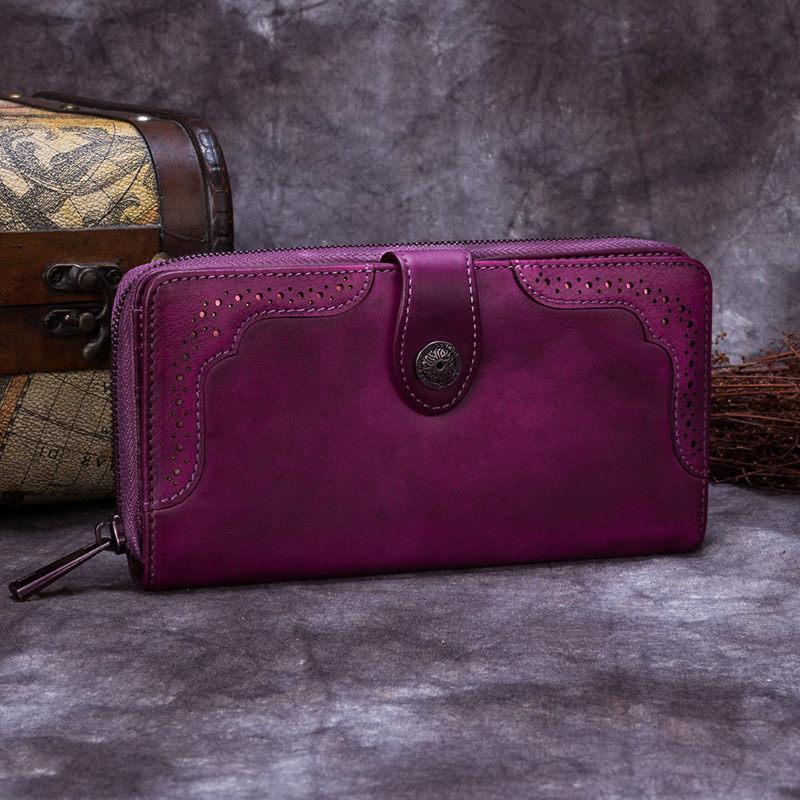 Brown Vintage womens Leather Bifold Wallet Purple Phone Wallet Red Zipper Wallet for Ladies