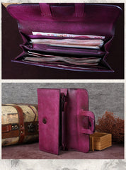 Purple Vintage Leather Wallet Womens Blue Long Wallet Womens Red Clutch Purse for Ladies