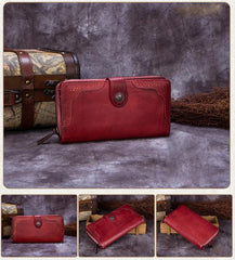 Brown Vintage womens Leather Bifold Wallet Purple Phone Wallet Red Zipper Wallet for Ladies