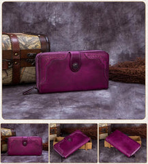 Brown Vintage womens Leather Bifold Wallet Purple Phone Wallet Red Zipper Wallet for Ladies