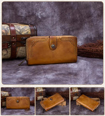 Brown Vintage womens Leather Bifold Wallet Purple Phone Wallet Red Zipper Wallet for Ladies