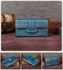 Vintage Gray Womens Leather Clutch Wallet Blue Long Wallet Bifold Wallet for Ladies