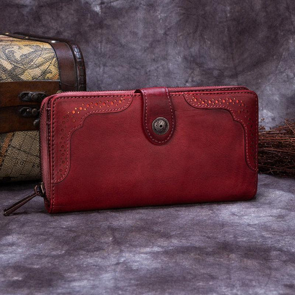 Red Vintage womens Leather Bifold Wallet Green Phone Wallet Brown Zipper Wallet for Ladies