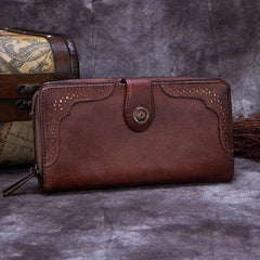 Brown Vintage womens Leather Bifold Wallet Purple Phone Wallet Red Zipper Wallet for Ladies